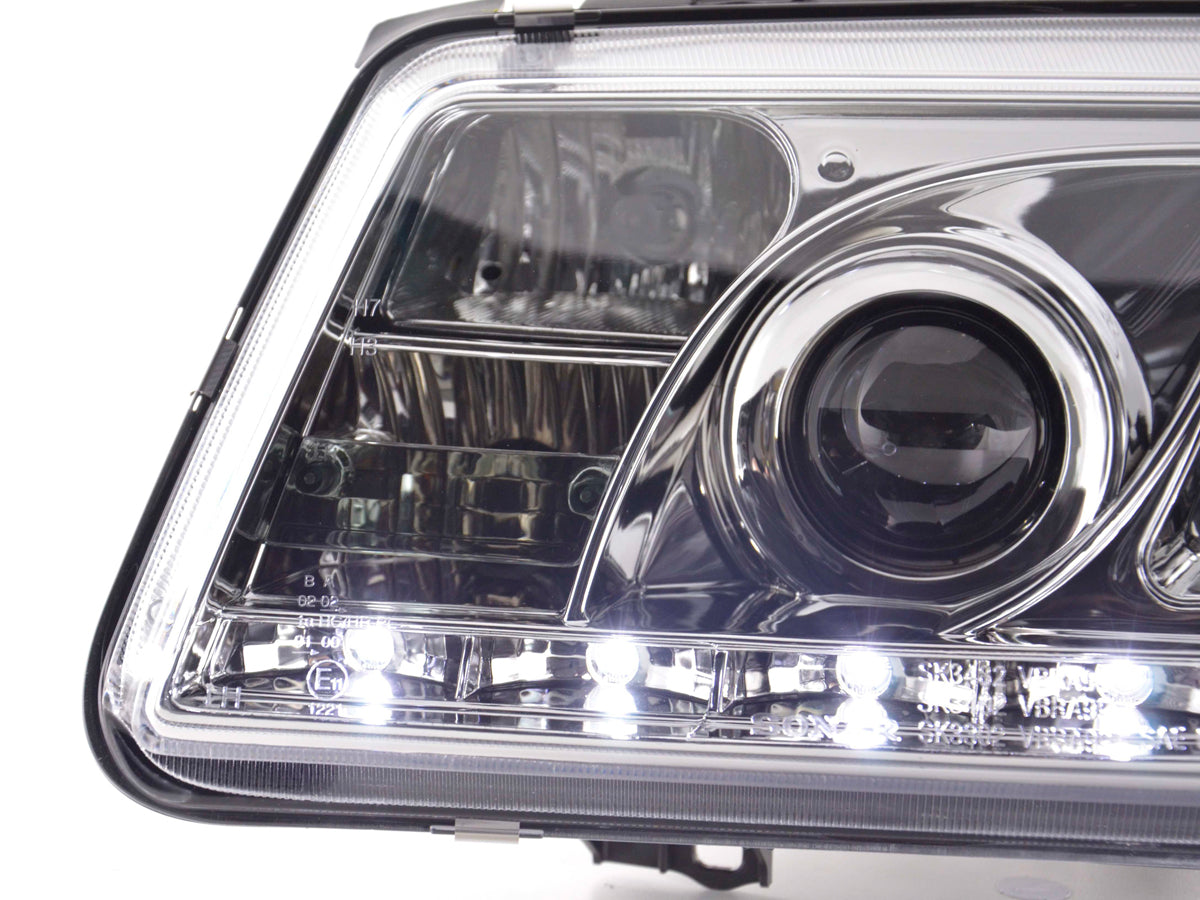 Scheinwerfer Set Daylight LED TFL-Optik VW Bora Typ 1J 99-04 chrom Scheinwerfer Set Daylight LED TFL-Optik VW Bora Typ 1J 99-04 chrom
